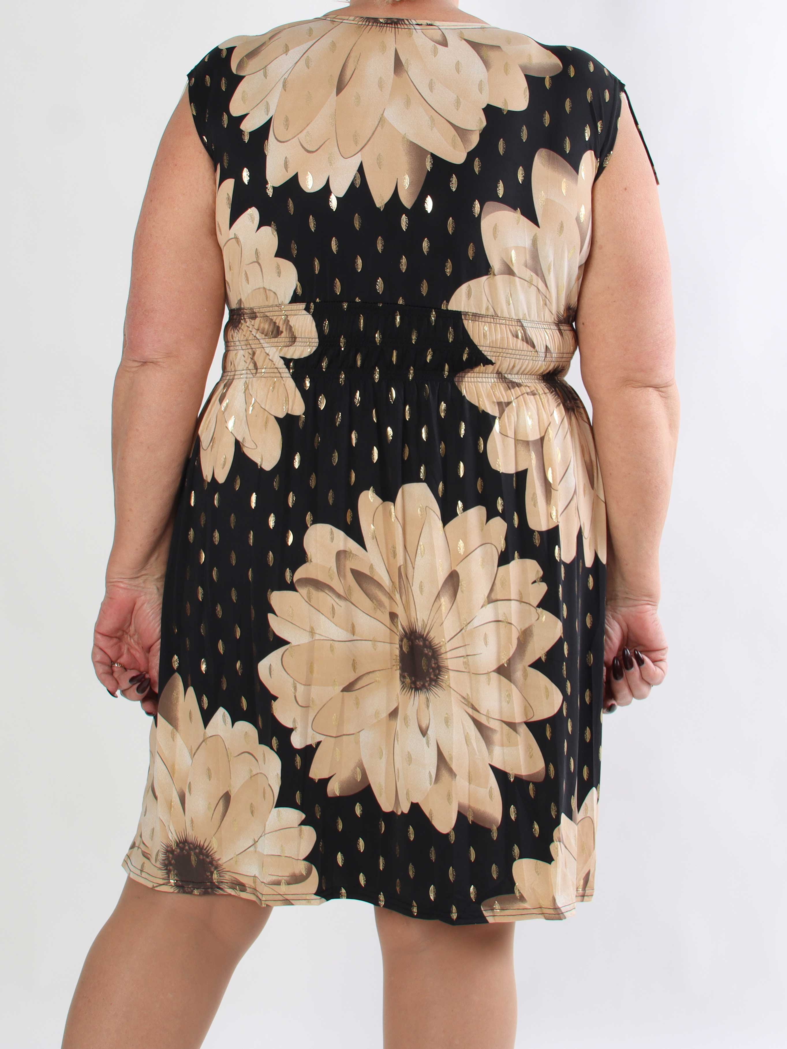 Pams Eden Short - Kort plus size kjole med blomster og guld detaljer